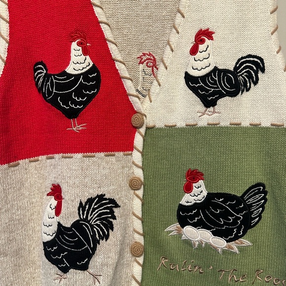 Vintage 90’s/Y2K Era Mandal Bay Multicolor Rooster/Chicken Embroidered Vest L - Picture 5 of 7